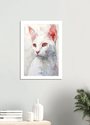 Pintura caprichosa y geométrica de un gato blanco: una obra de arte impresionante para su colección