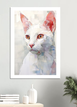 Pintura caprichosa y geométrica de un gato blanco: una obra de arte impresionante para su colección