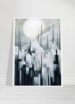 Mystical Fusion: Misty Forest Painting with Harmonious Geometric Interplay