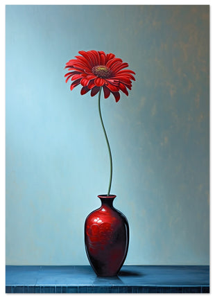 Red single flower in red vase poster