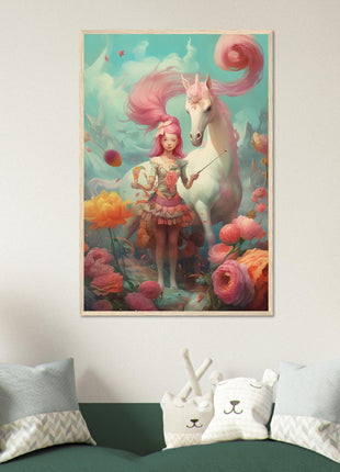 Póster Niña con su unicornio.