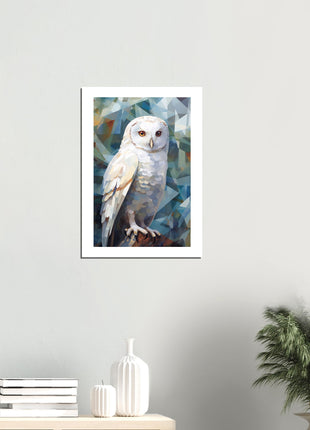 Geometric Harmony: Striking White Owl Poster with Artistic Flair