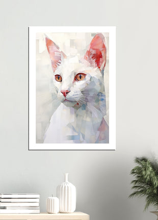 Peinture de chat blanc géométrique fantaisiste : une œuvre d’art époustouflante pour votre collection