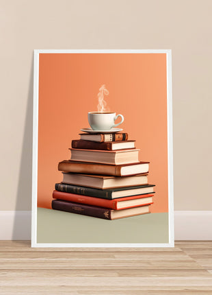 Coffee on stack of books poster