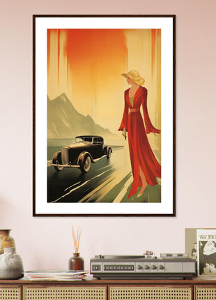 Affiche rétro dame toute et voiture