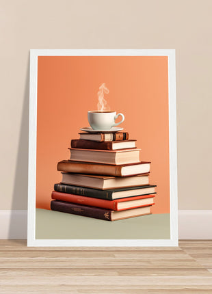 Coffee on stack of books poster