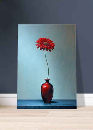 Red single flower in red vase poster