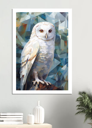 Geometric Harmony: Striking White Owl Poster with Artistic Flair