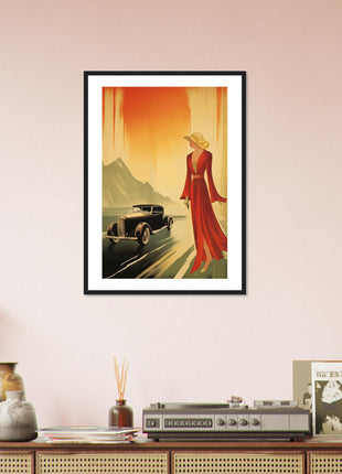 Affiche rétro dame toute et voiture