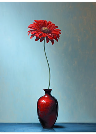 Red single flower in red vase poster