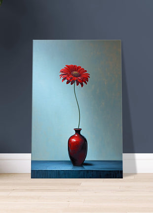 Red single flower in red vase poster