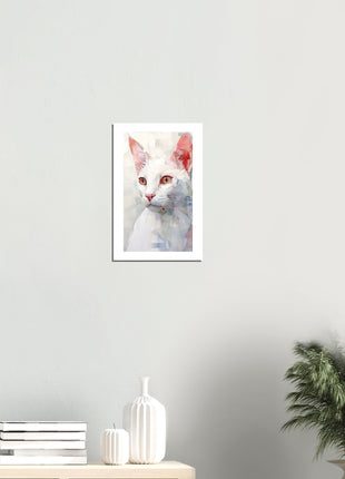 Peinture de chat blanc géométrique fantaisiste : une œuvre d’art époustouflante pour votre collection