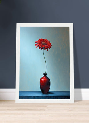 Red single flower in red vase poster