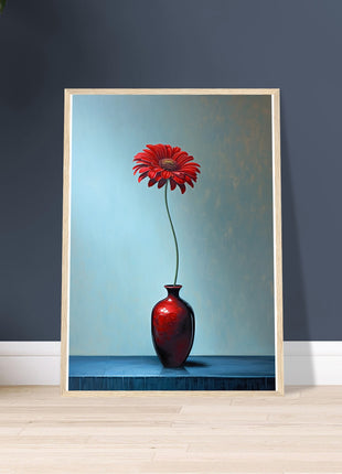 Red single flower in red vase poster