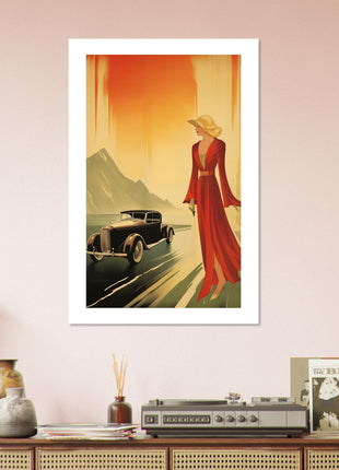 Affiche rétro dame toute et voiture