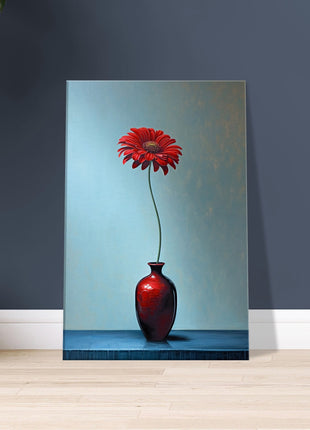 Red single flower in red vase poster