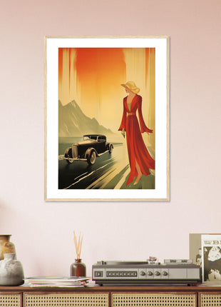 Affiche rétro dame toute et voiture