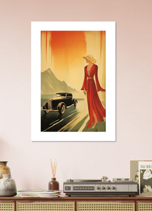 Affiche rétro dame toute et voiture