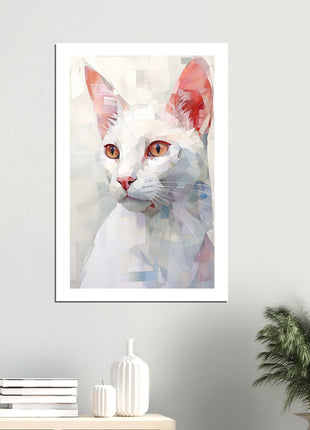 Peinture de chat blanc géométrique fantaisiste : une œuvre d’art époustouflante pour votre collection