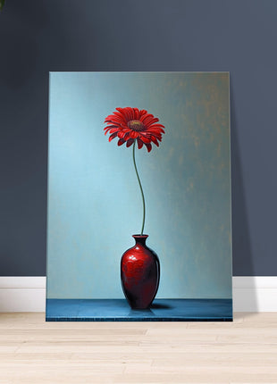 Red single flower in red vase poster