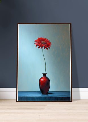 Red single flower in red vase poster