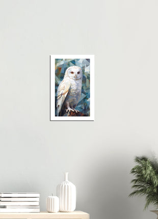 Geometric Harmony: Striking White Owl Poster with Artistic Flair