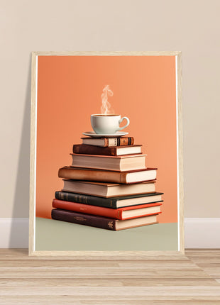 Coffee on stack of books poster