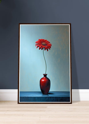 Red single flower in red vase poster