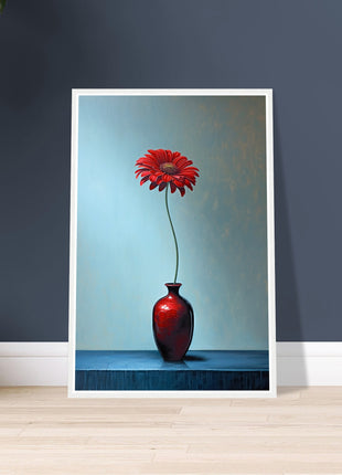 Red single flower in red vase poster