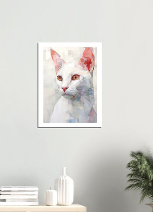 Pintura caprichosa y geométrica de un gato blanco: una obra de arte impresionante para su colección