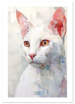 Pintura caprichosa y geométrica de un gato blanco: una obra de arte impresionante para su colección