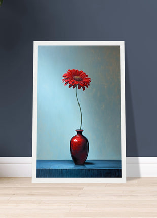 Red single flower in red vase poster