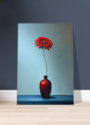 Red single flower in red vase poster