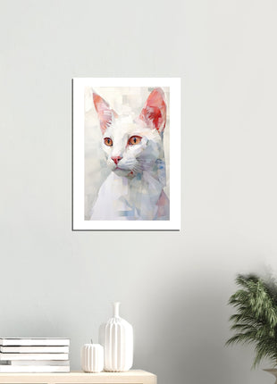 Peinture de chat blanc géométrique fantaisiste : une œuvre d’art époustouflante pour votre collection