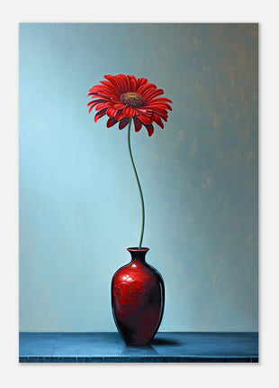 Red single flower in red vase poster