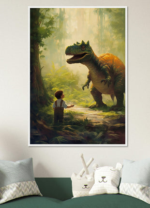 Póster dinosaurio y niño