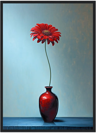 Red single flower in red vase poster