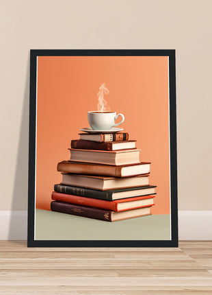 Coffee on stack of books poster