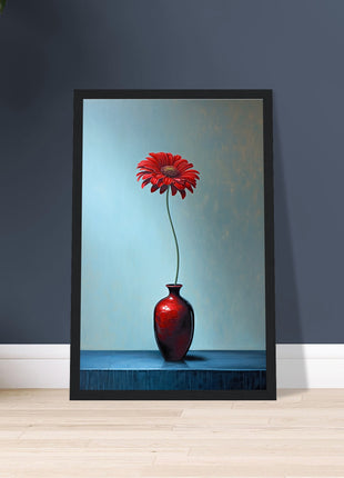 Red single flower in red vase poster