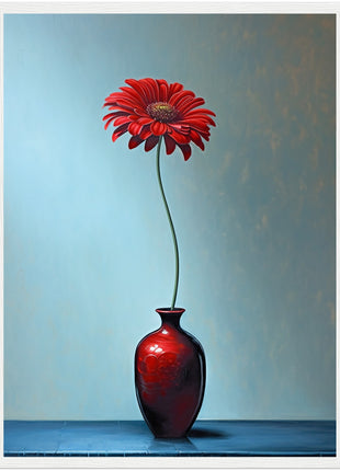 Red single flower in red vase poster