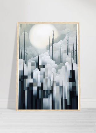 Mystical Fusion: Misty Forest Painting with Harmonious Geometric Interplay