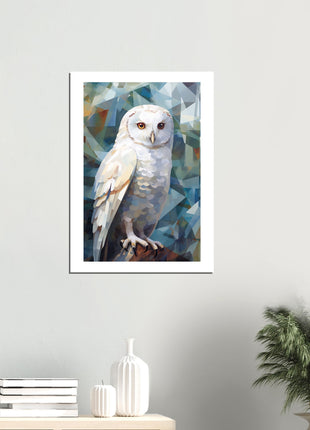 Geometric Harmony: Striking White Owl Poster with Artistic Flair